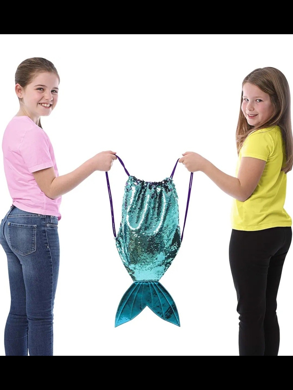Girlzone Sequin Mermaid Drawstring Backpack Purple Teal Zippered Pockets NEW